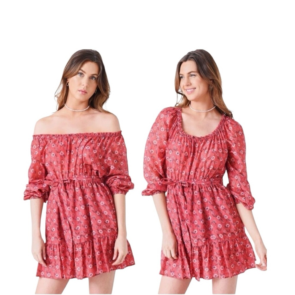 XiRENA Jia Coral Red Floral Long-Sleeve Cotton Silk Dress